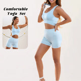 GEMCHO Conjunto de deporte de mujer con camiseta sin mangas transpirable de unicolor y shorts ligeros hasta las nalgas ajustados para deporte de yoga y ejercicio fisico, outfit ideal para gimnasio y aeropuerto