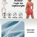 GEMCHO Conjunto de deporte de mujer con camiseta sin mangas transpirable de unicolor y shorts ligeros hasta las nalgas ajustados para deporte de yoga y ejercicio fisico, outfit ideal para gimnasio y aeropuerto