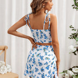 Frenchy Top Y Falda De Tirantes Blancos Y Azules Con Estampado Floral Integral Para Vacaciones De Primavera, Decoracion De Encaje Y Relleno De Pecho