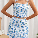 Frenchy Top Y Falda De Tirantes Blancos Y Azules Con Estampado Floral Integral Para Vacaciones De Primavera, Decoracion De Encaje Y Relleno De Pecho