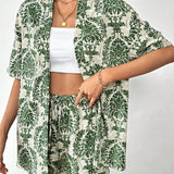 Tall Conjunto Casual De Resort Para Mujeres, Con Top De Planta Estampado De Media Manga Y Frente Abierto, Y Shorts A Juego