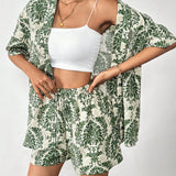 Tall Conjunto Casual De Resort Para Mujeres, Con Top De Planta Estampado De Media Manga Y Frente Abierto, Y Shorts A Juego