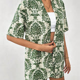 Tall Conjunto Casual De Resort Para Mujeres, Con Top De Planta Estampado De Media Manga Y Frente Abierto, Y Shorts A Juego