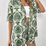 Tall Conjunto Casual De Resort Para Mujeres, Con Top De Planta Estampado De Media Manga Y Frente Abierto, Y Shorts A Juego