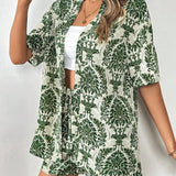 Tall Conjunto Casual De Resort Para Mujeres, Con Top De Planta Estampado De Media Manga Y Frente Abierto, Y Shorts A Juego