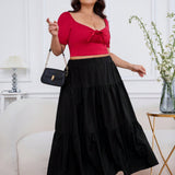 Prive Plus Size Women\ Romantic Multilayer Long Black Midi Skirt, Suitable For Traveling, Vacation, And Dating In Summer