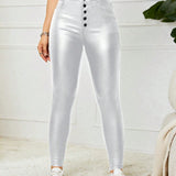 Essnce Pantalones ajustados de moda para mujer con detalles en metal y cierre frontal con boton