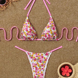 Conjunto De Bikini Estampado Floral Para Mujer Con Corbata En El Cuello, Ideal Para Vacaciones En La Playa, Almohadilla De Copa Removible