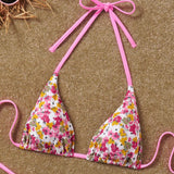 Conjunto De Bikini Estampado Floral Para Mujer Con Corbata En El Cuello, Ideal Para Vacaciones En La Playa, Almohadilla De Copa Removible