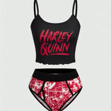 Harley Quinn | ROMWE Conjunto De Lenceria De Bralette De Tirantes Spaghetti Estampado Harlequin Y Panty De Triangulo De Bloques De Color Para Mujeres