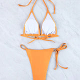 Conjunto de bikini de 2 piezas para mujer en naranja-amarillo con sujetador halter de triangulo y panty