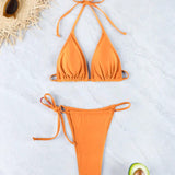 Conjunto de bikini de 2 piezas para mujer en naranja-amarillo con sujetador halter de triangulo y panty