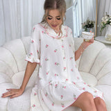 Vestido De Babydoll De Manga Corta Para Mujer Con Borde De Volantes Y Estampado Floral Para Ropa De Dormir