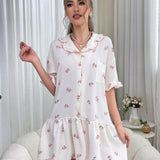 Vestido De Babydoll De Manga Corta Para Mujer Con Borde De Volantes Y Estampado Floral Para Ropa De Dormir