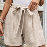 Frenchy Pantalones Cortos Solidos Plisados con Nudo Delantero De Cintura Alta Para El Verano, Adecuados Para Vacaciones