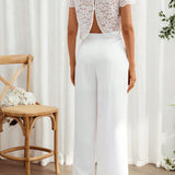 Frenchy Conjunto de top y pantalon de mujer de color solido con manga corta, Conjunto de pantalon blanco, Conjunto de pantalon de encaje blanco, Todo en blanco, Conjunto de Frenchies, Vestidos blancos para invitados de bodas, Elegancia cotidiana