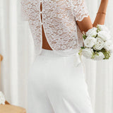 Frenchy Conjunto de top y pantalon de mujer de color solido con manga corta, Conjunto de pantalon blanco, Conjunto de pantalon de encaje blanco, Todo en blanco, Conjunto de Frenchies, Vestidos blancos para invitados de bodas, Elegancia cotidiana