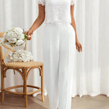 Frenchy Conjunto de top y pantalon de mujer de color solido con manga corta, Conjunto de pantalon blanco, Conjunto de pantalon de encaje blanco, Todo en blanco, Conjunto de Frenchies, Vestidos blancos para invitados de bodas, Elegancia cotidiana