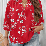 Camisa Holgada De Manga Rizada Con Estampado Floral Para Mujeres De a Grande Con Estilo De Vacaciones Para Verano