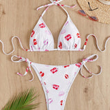 Swim Vcay Conjunto de sujetador de triangulo y bikini con estampado de patron de labios de playa de verano de talla grande con cuello halter