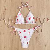 Swim Vcay Conjunto de sujetador de triangulo y bikini con estampado de patron de labios de playa de verano de talla grande con cuello halter