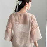 FRIFUL Designer Blusa dulce de mujeres con diseno de malla de color solido y cuello redondo transparente