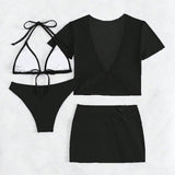 Swim SXY Conjunto de traje de bano para mujer con sujetador triangular simple y unicolor, con bikini separado y falda cubierta, para verano en la playa