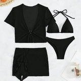 Swim SXY Conjunto de traje de bano para mujer con sujetador triangular simple y unicolor, con bikini separado y falda cubierta, para verano en la playa