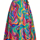 Prive Plus Size Women's Fashionable Colorful Fluid Pattern Midi Skirt