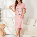 Vestido De Pijama Rosa Con Mangas Cortas Y Estampado De Nubes Con Dobladillo Ondulado Para Mujeres, Adecuado Para Primavera/verano