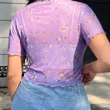 EZwear Women Plus Size Short Sleeve T-Shirt, Mesh See-Through Purple Floral Pattern, Wave Cut Hem, Slim Fit, Perfect For Summer Holiday