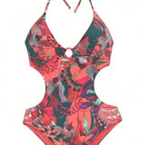 Traje de bano de una pieza con estampado de plantas para mujer, bikini sexy para playa/natacion para mujer, conjunto de 2 piezas