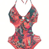 Traje de bano de una pieza con estampado de plantas para mujer, bikini sexy para playa/natacion para mujer, conjunto de 2 piezas