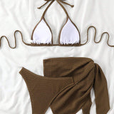 Conjunto De Bikini Para Mujer Con Cuello Halter En Color Solido Con Cubierta De Playa Y Pareo, Perfecto Para Vacaciones