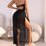 Swim Vestido de una sola pieza con abertura frontal dividida de malla transparente sexy para mujer