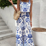 VCAY Summer Casual Vacation Printed Loose Wide Leg Jumpsuit
