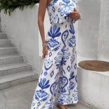 VCAY Summer Casual Vacation Printed Loose Wide Leg Jumpsuit