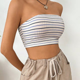 EZwear Top Strapless Corto De Mujer De Verano Con Rayas Y Bloque De Color, Diseno Ajustado