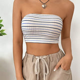 EZwear Top Strapless Corto De Mujer De Verano Con Rayas Y Bloque De Color, Diseno Ajustado