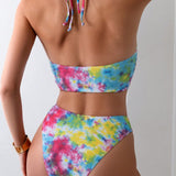 Swim Bikini de espagueti con estampado al azar para mujer