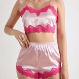 Conjunto de pijama de tirantes cortos y top corto de encaje con contraste de verano para mujer