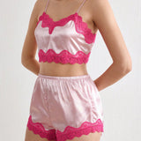 Conjunto de pijama de tirantes cortos y top corto de encaje con contraste de verano para mujer