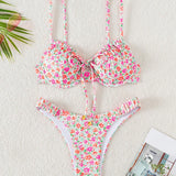 Swim Conjunto de bikini con estampado floral delicado con tirantes finos y detalles de lazo, traje de bano con aros, traje de bano de playa para vacaciones de verano