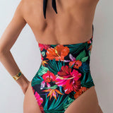 Swim Traje De Bano De Una Pieza Con Estampado Tropical Y Tirantes Estilo Cruzado Para Mujer