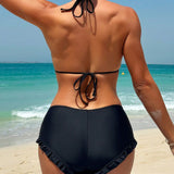 Swim Mod Conjunto de bikini de verano con decoracion de lazo y cuello halter para mujer de playa