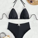 Swim Mod Conjunto de bikini de verano con decoracion de lazo y cuello halter para mujer de playa
