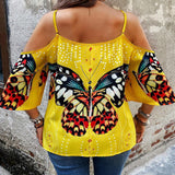 Blusa de mariposa estampada de a grande para mujer con hombros descubiertos