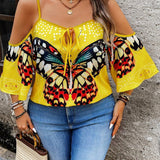 Blusa de mariposa estampada de a grande para mujer con hombros descubiertos