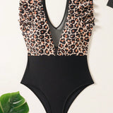 Swim Traje De Bano De Una Sola Pieza Con Estampado De Leopardo Para Mujeres Con Volantes Y Detalles En Varios Colores