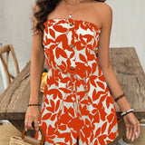 VCAY Summer Plant Printed Strapless Romper